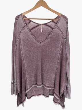 FREE PEOPLE Pacific Thermal Boho Long Sleeve V-Neck Waffle Top - Purple - Size S